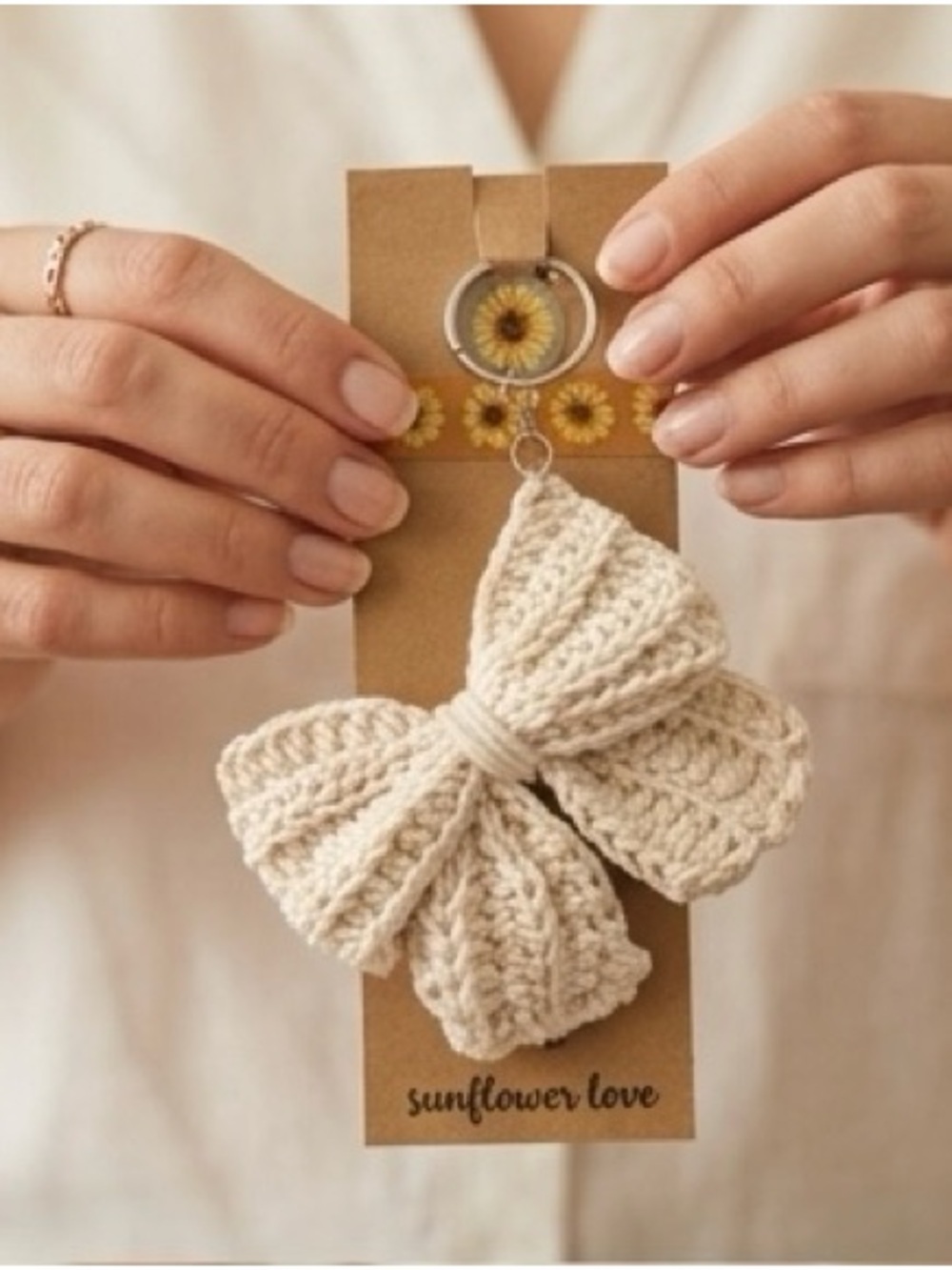Crochet Bow Keychain Cottagecore Bag Charm Handmade Cream Boho Coquette - Picture 3 of 4